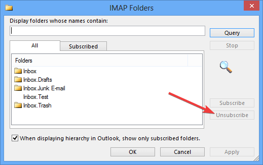 IMAP unsubscribe unable to delete an email folder in Outlook