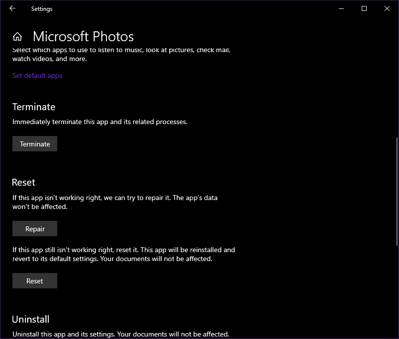 Repair or reset Microsoft photos
