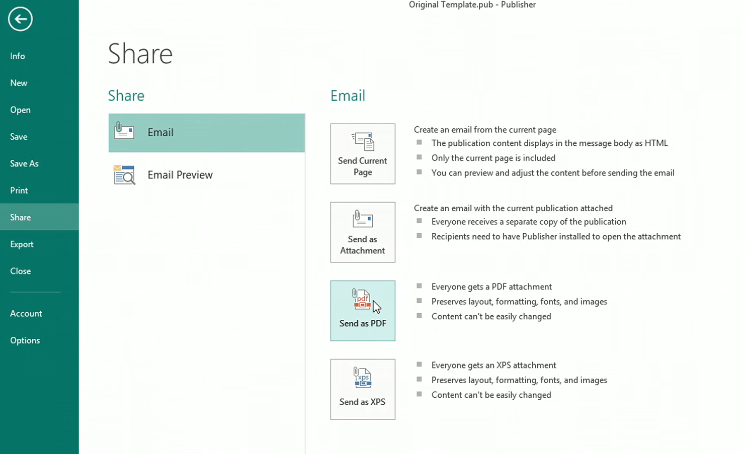 The Send as PDF button microsoft publisher won't send email