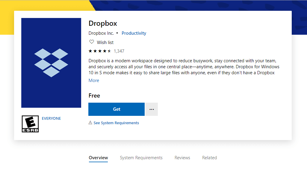 UWP Dropbox app page dropbox error your computer is not supported