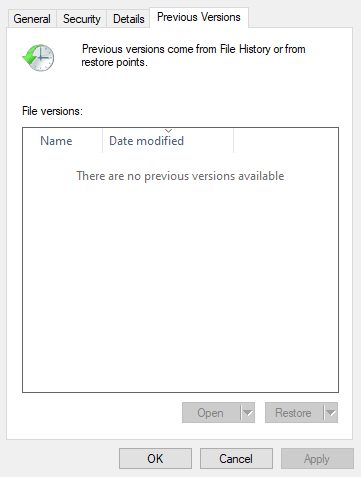Previous Versions tab microsoft project won't open file