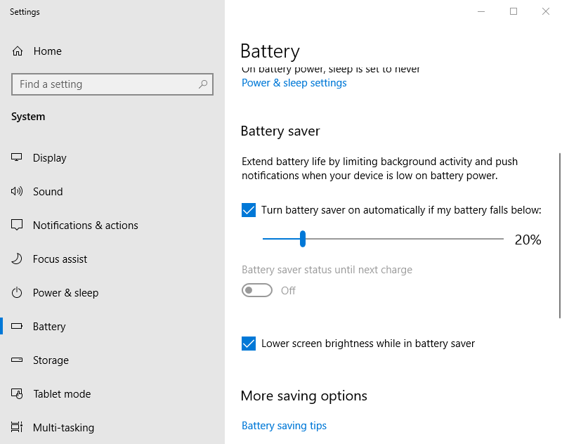 The Turn battery saver on automatically setting this pc is in battery saver mode