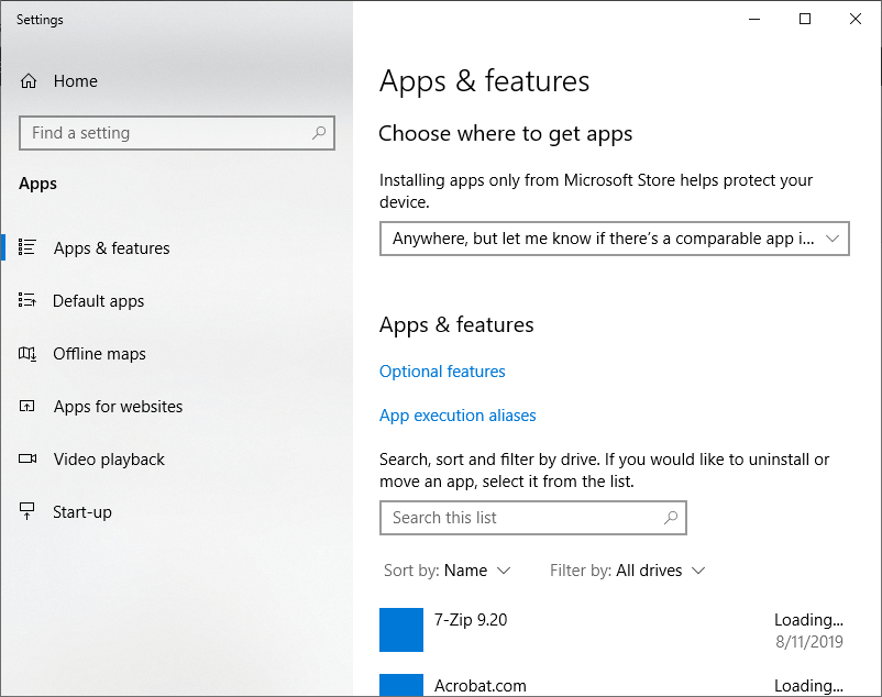 The Apps & features tab office shortcuts missing from start menu
