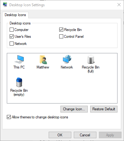 Desktop Icon Settings window windows 10 custom recycle bin icon not refreshing
