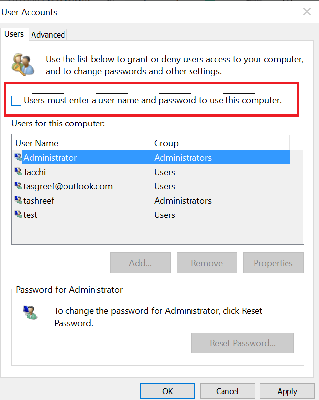 Enable auto login Windows 10