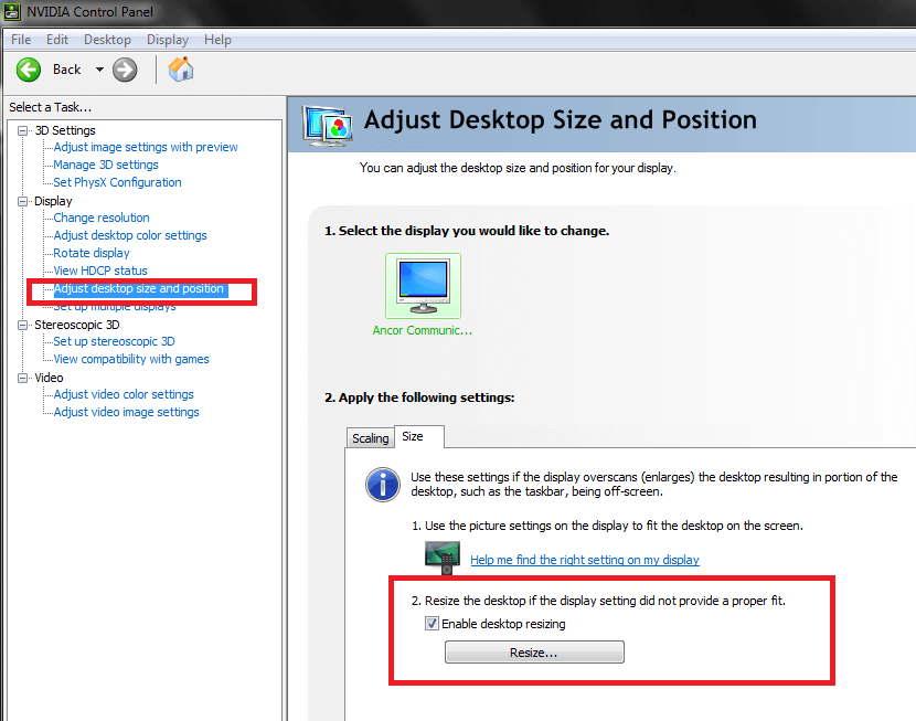 nvidia adjust desktop size and position