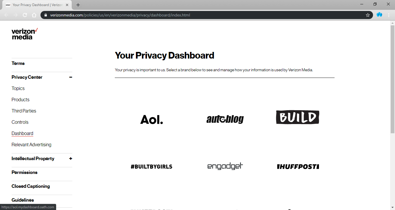 Privacy Dashboard page