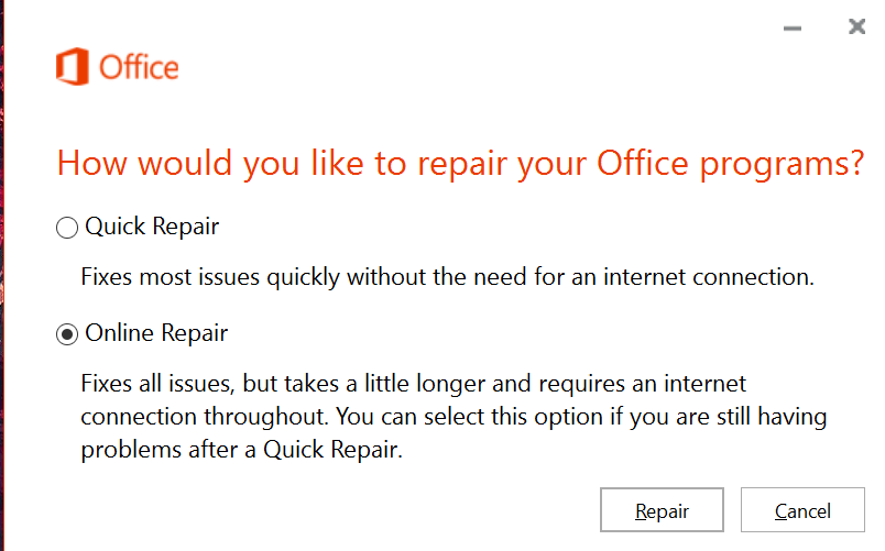 office 365 not enough system resources to display completely repair