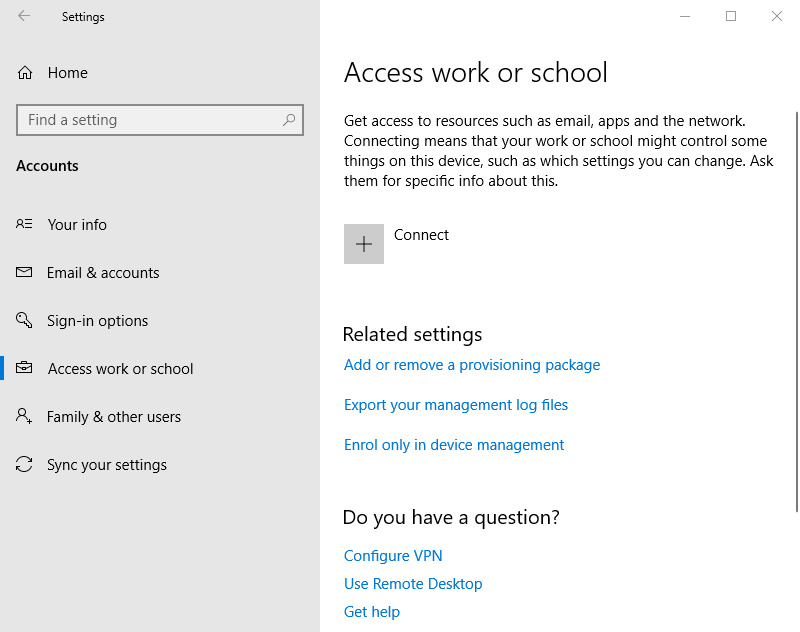 Accounts tabs in Settings how to sync devices with Microsoft Intune
