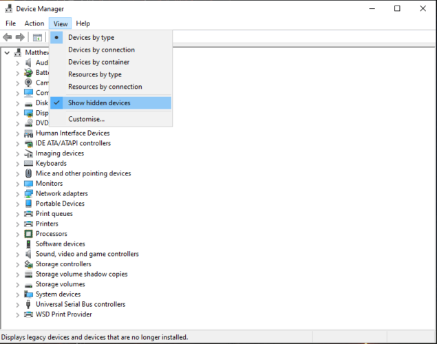 Show hidden devices option device manager add com port