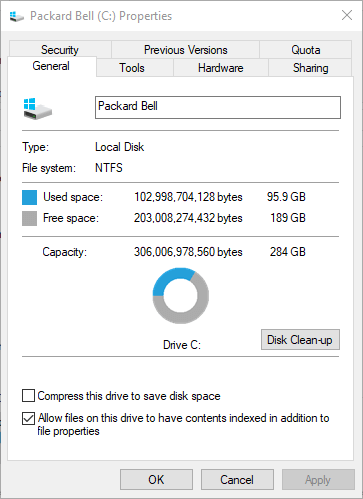 The HDD Properties window outlook the drive that contains your data file is out of disk space