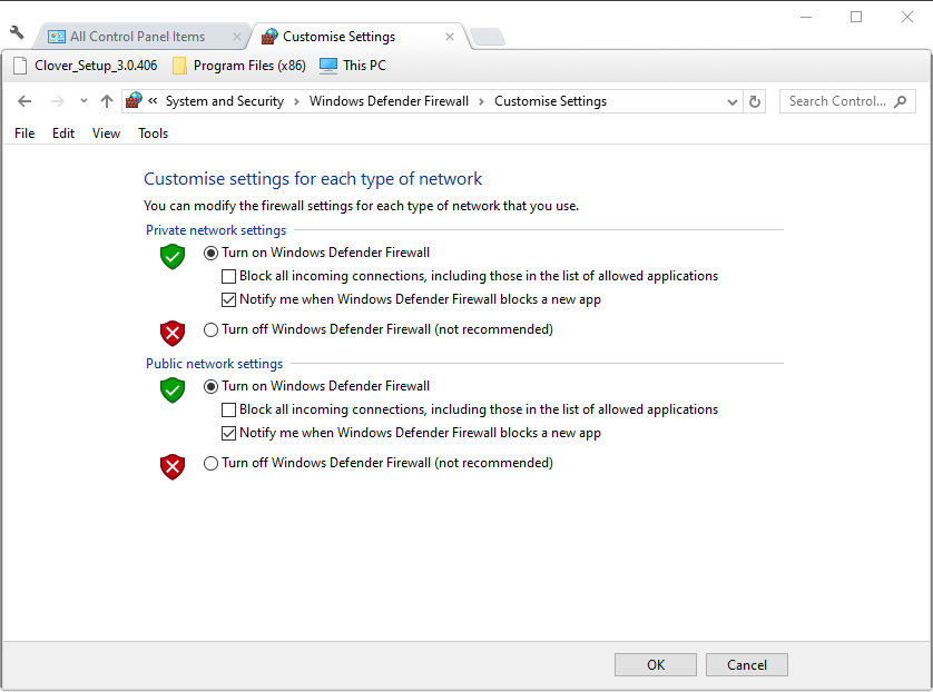 Turn off Windows Defender Firewall options outlook the action cannot be completed