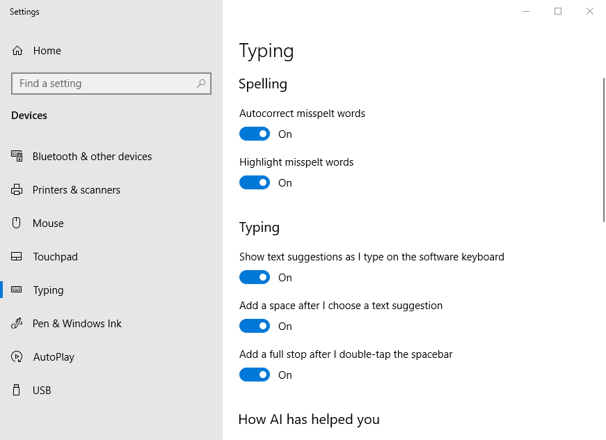 Typing settings language typing features disable notification windows 10