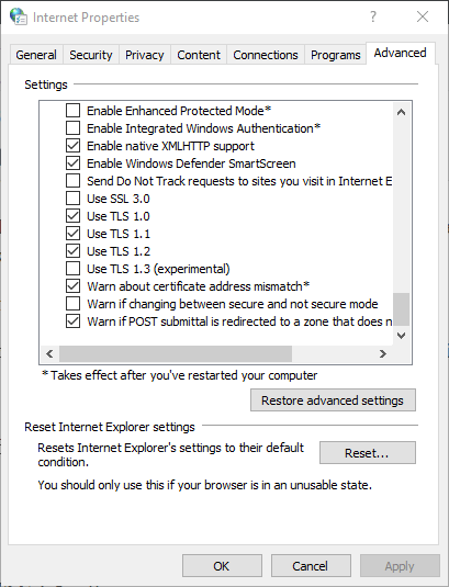 turn off tls 1.0 option windows settings