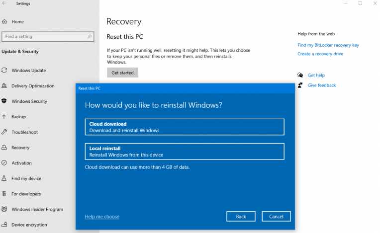 Reset Windows 10 from cloud