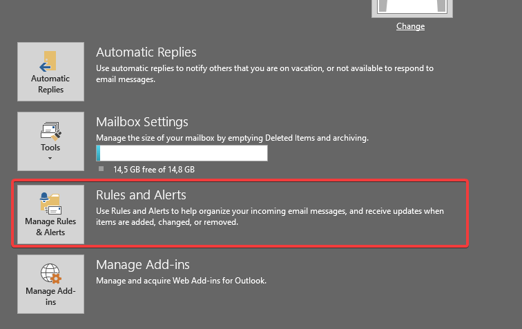 rules and alerts automatic reply in Outlook
