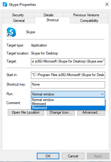 skype shortcut maximized settings