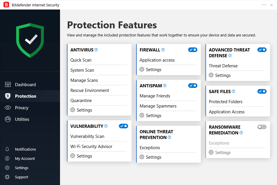 The protection tab of Bitdefender Internet Security 2020