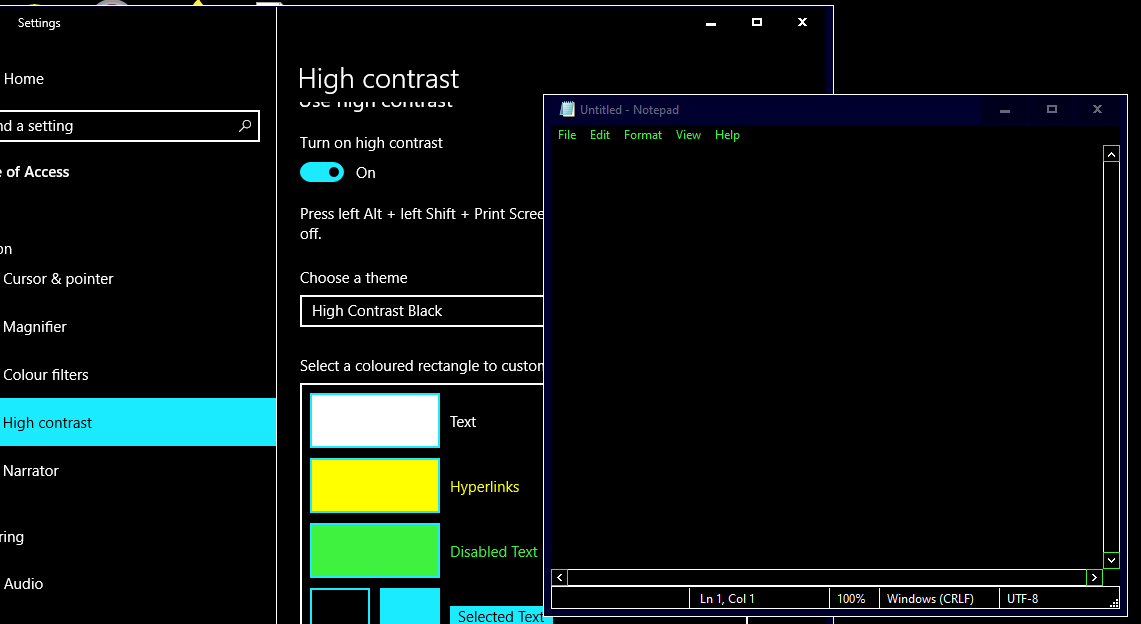 Notepad and the High Contrast option how to make notepad dark