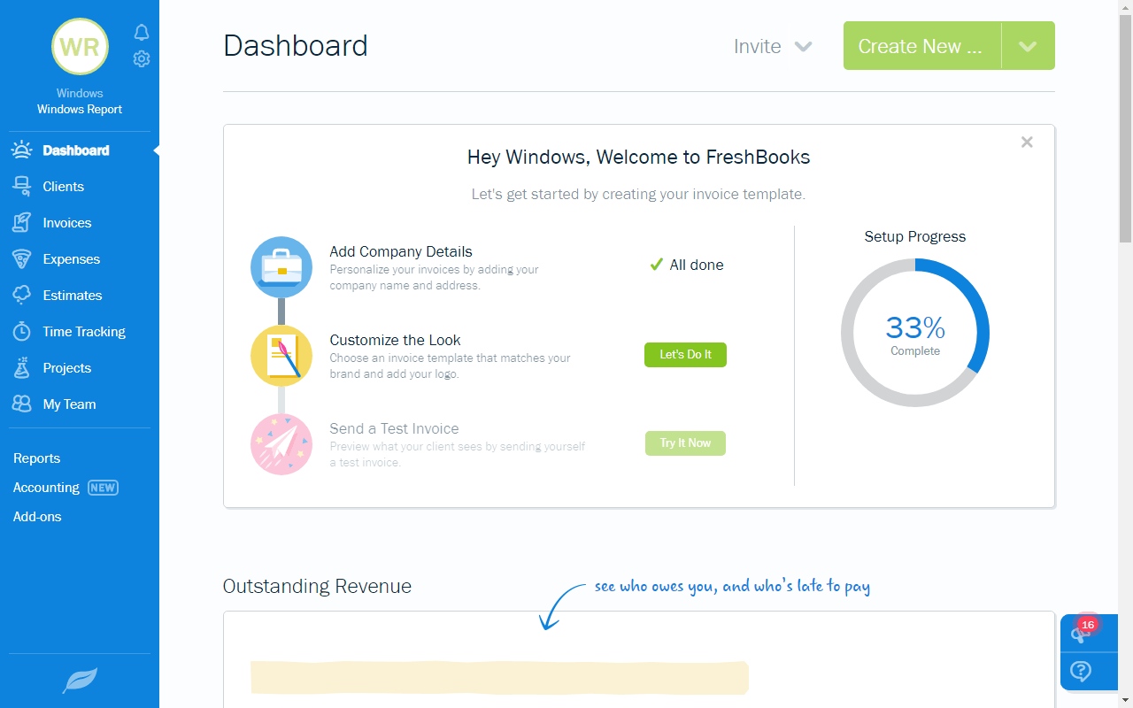 The FreshBooks interface