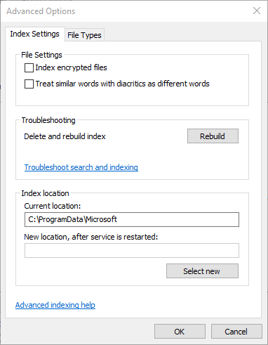 The Rebuild button windows explorer search not working