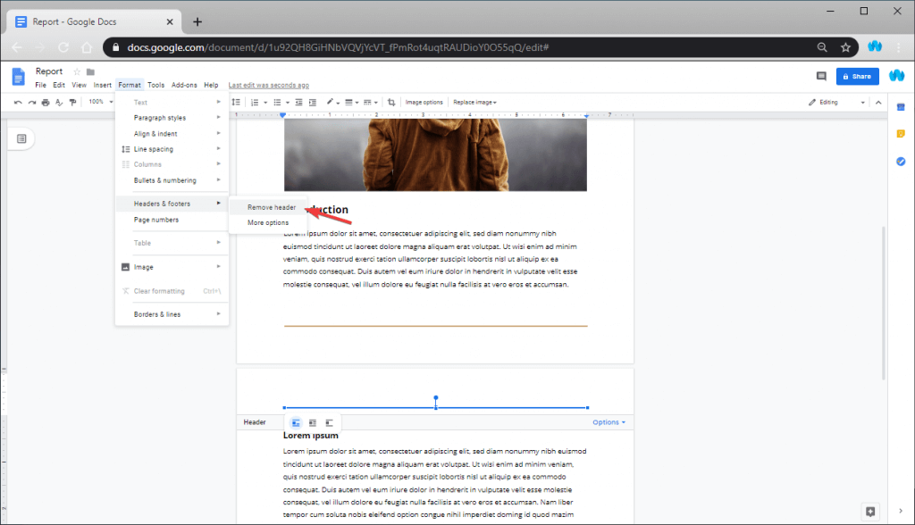 How to get rid of the header and footer in Google Docs