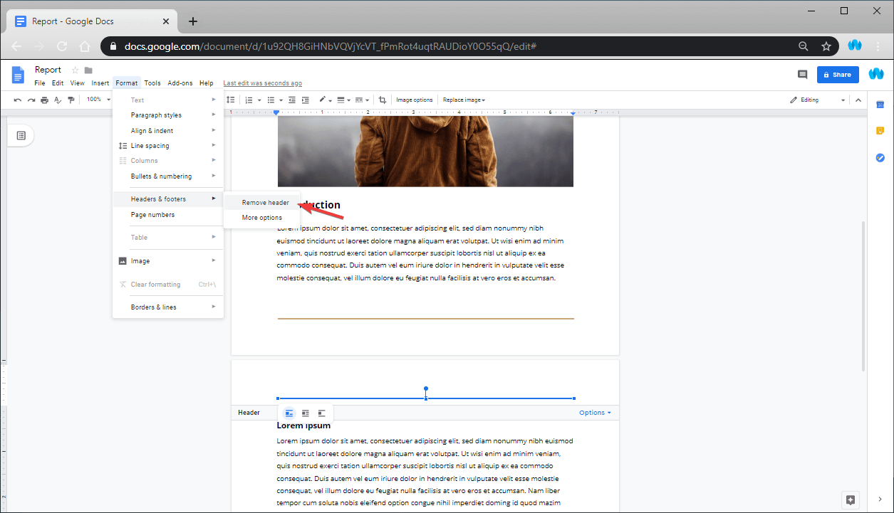 get rid of header and footer in word