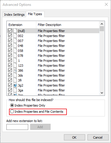 The Index Properties and File Contents setting windows explorer search not working
