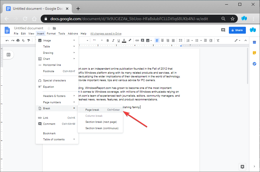 How To Add A Page Break In Google Docs