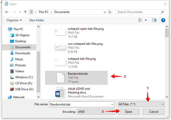 Using the Open dialog to open .tab files