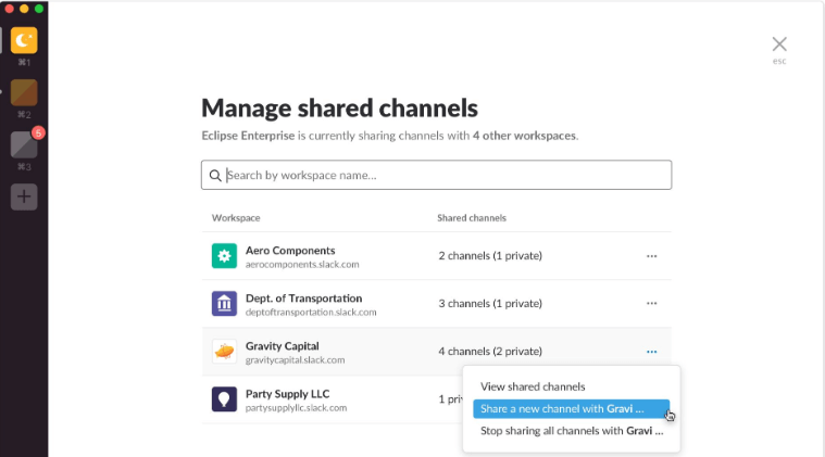 slack shared channels create manage section