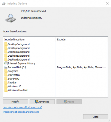 Indexing Options windows explorer search not working