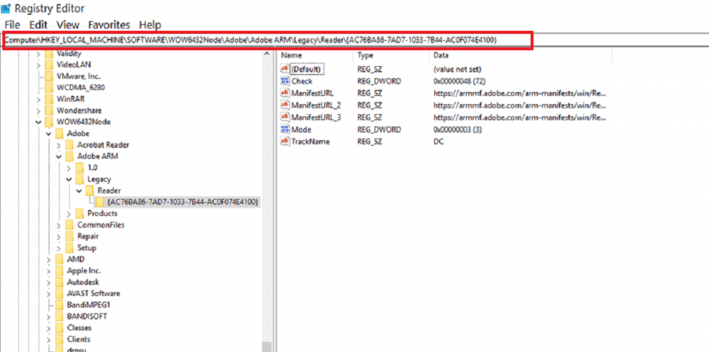 locate the registry to remove adobe updater in windows 10