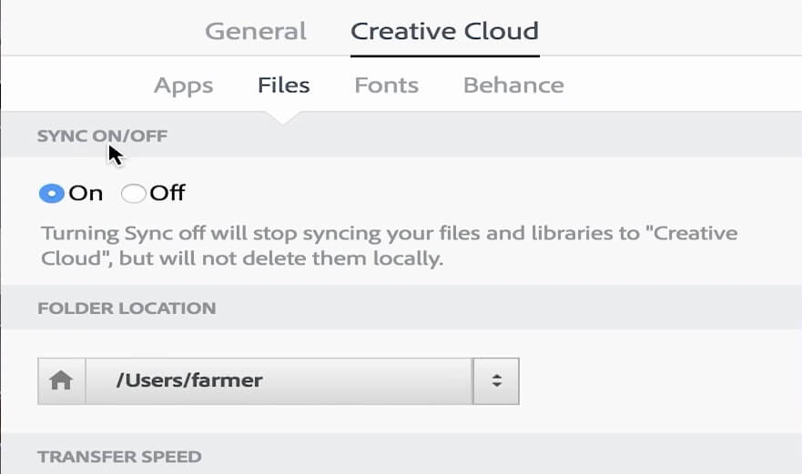 The sync on/off option adobe creative cloud disable file sync