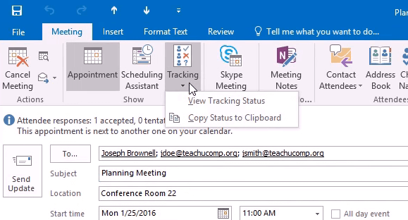 The Tracking button outlook how to check who is attending a meeting