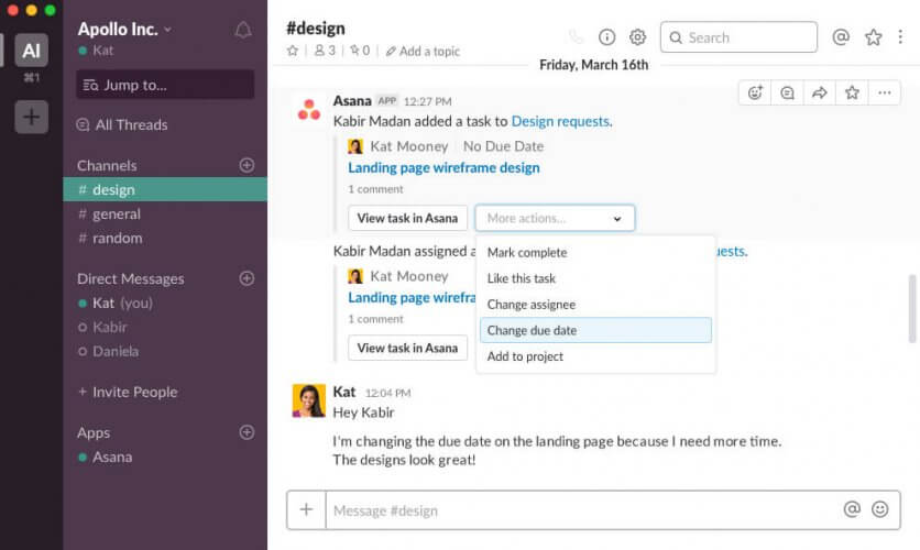 More actions menu how to integrate slack and asana