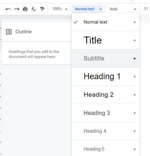 The Styles drop-down menu google docs how to add outline