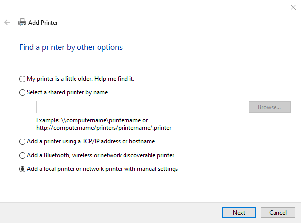 Add a local printer or network printer option printer error 0x00003e3