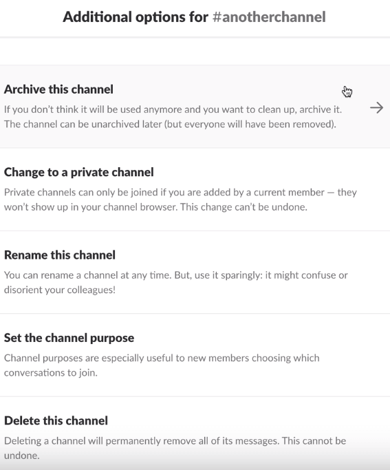 Additional options menu slack how to edit, delete or archive a channel