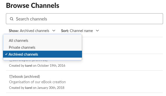 Browse Channels search box slack how to edit, delete or archive a channel