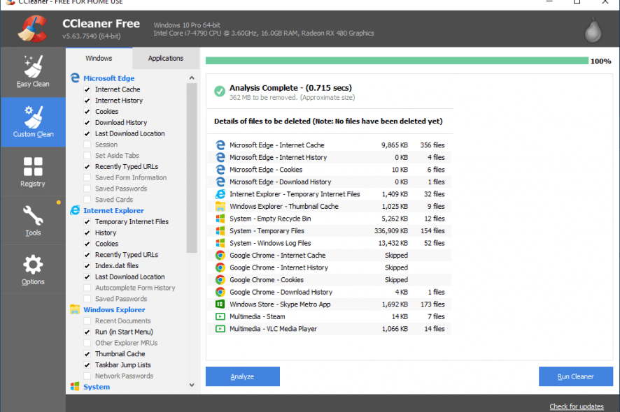 CCleaner custom clean