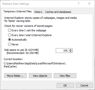 Disk space to use box internet explorer not keeping history