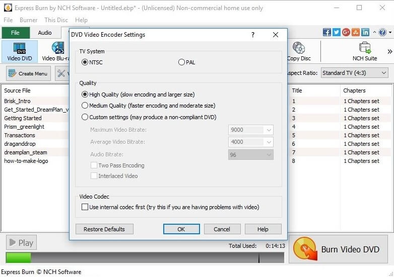 Express Burn DVD video encoder settings