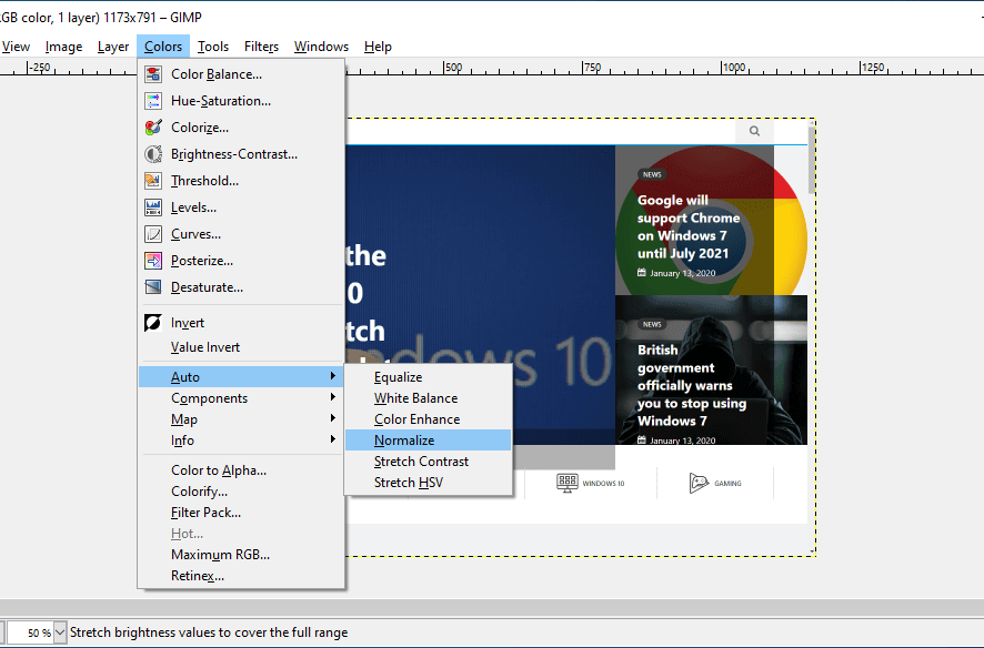 GIMP colors menu