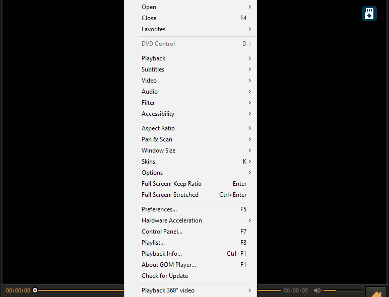 GOM Player context menu