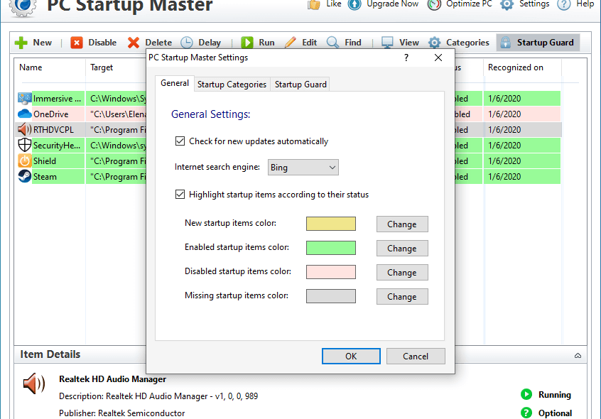 PC Startup Master general settings