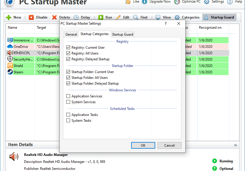 PC Startup Master startup categories