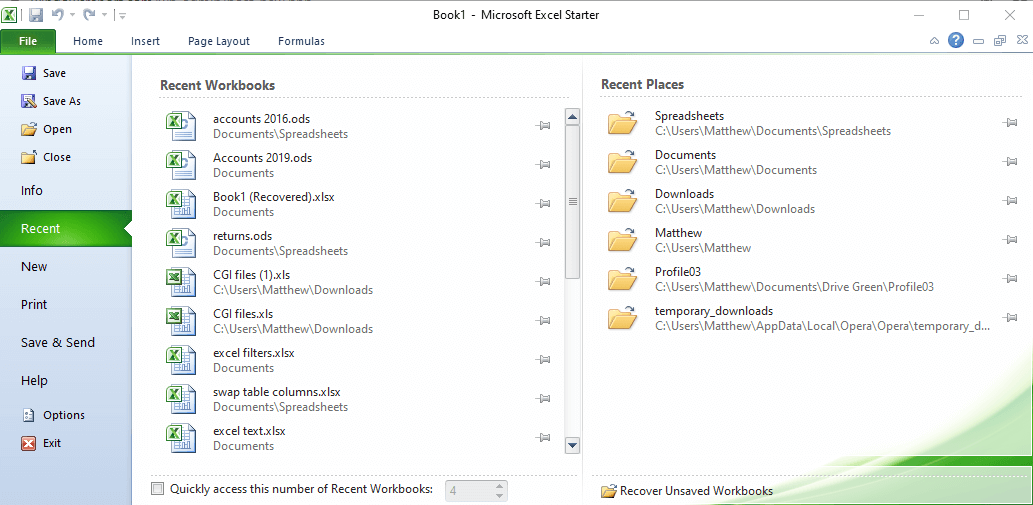 Recent files recover an excel file not saved