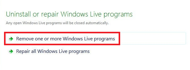 Remove one or more Windows Live programs