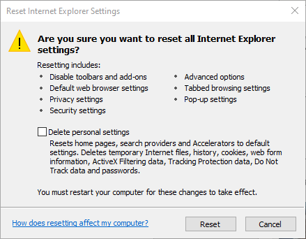 Reset Internet Explorer Settings window internet explorer not keeping history